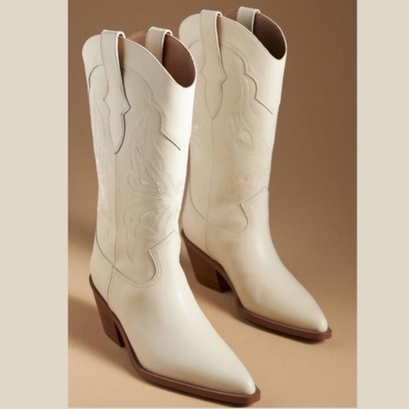 Bibi Lou Western Boots Cream Anthropologie Slip On Boho Size EU 41 US 10 NEW